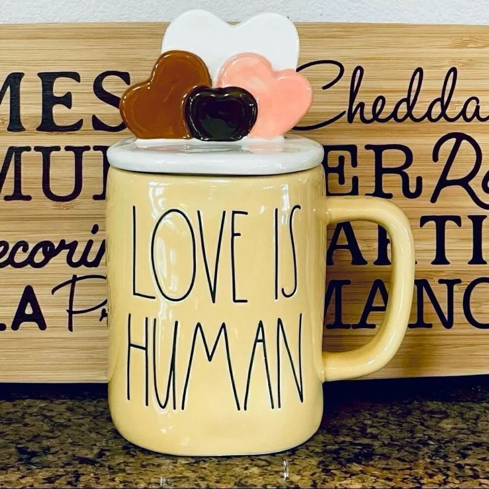 NWT Rae Dun Yellow Figural Mug Coffee Cup with White, Pink Browns Hearts Topper